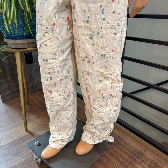 Free People Belted Painter Pants Ecru Utility Paint Splatter Slouchy Cargo SZ 6 - Picture 14 of 14